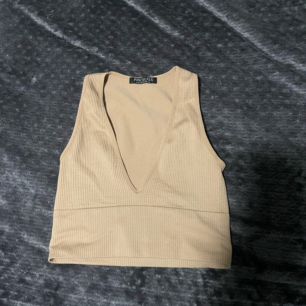 Shop Priceless Tan Ribbed V-Neck Crop Top
